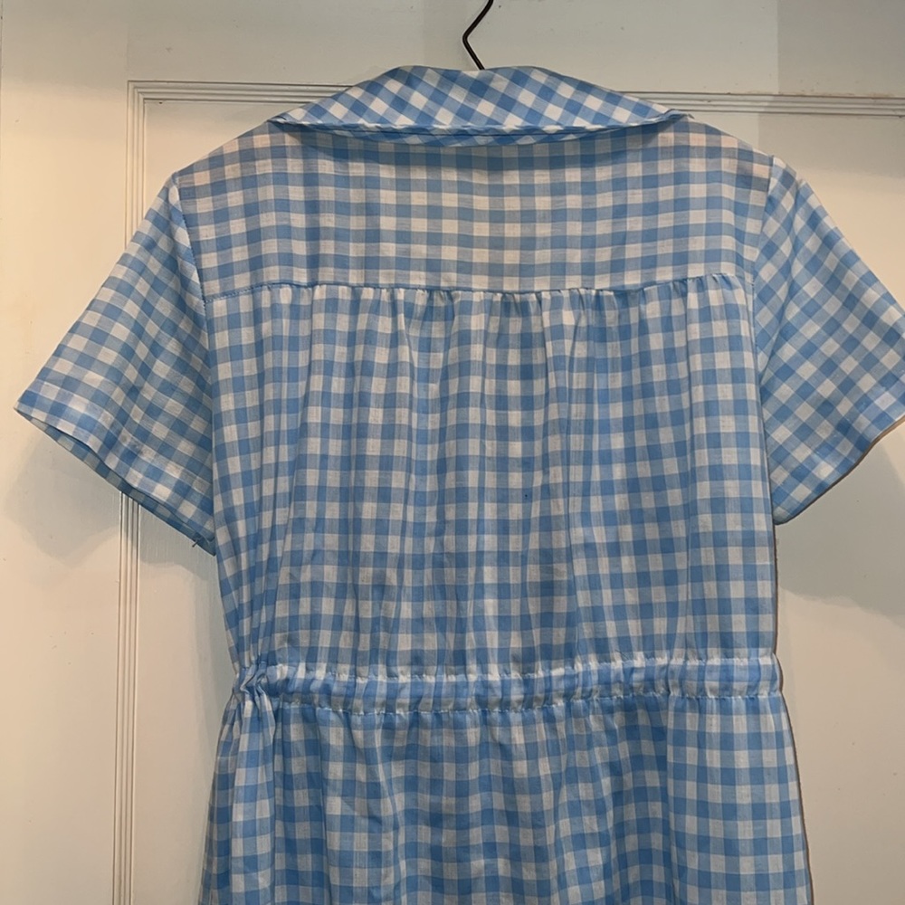 Vintage cotton poly house dress blue white checkered embroidered flowers - Picture 7 of 8
